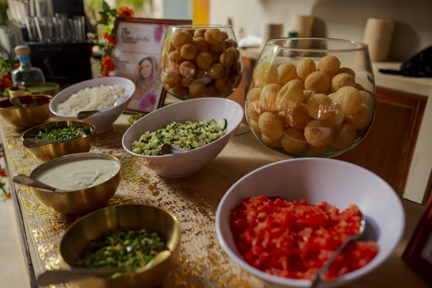 Fresh ingredients at the Dahi Puri station